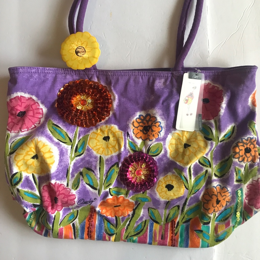 NEW Sun and Sand Anne Ormsby Canvas Tote. Floral print with Sequined Flowers.